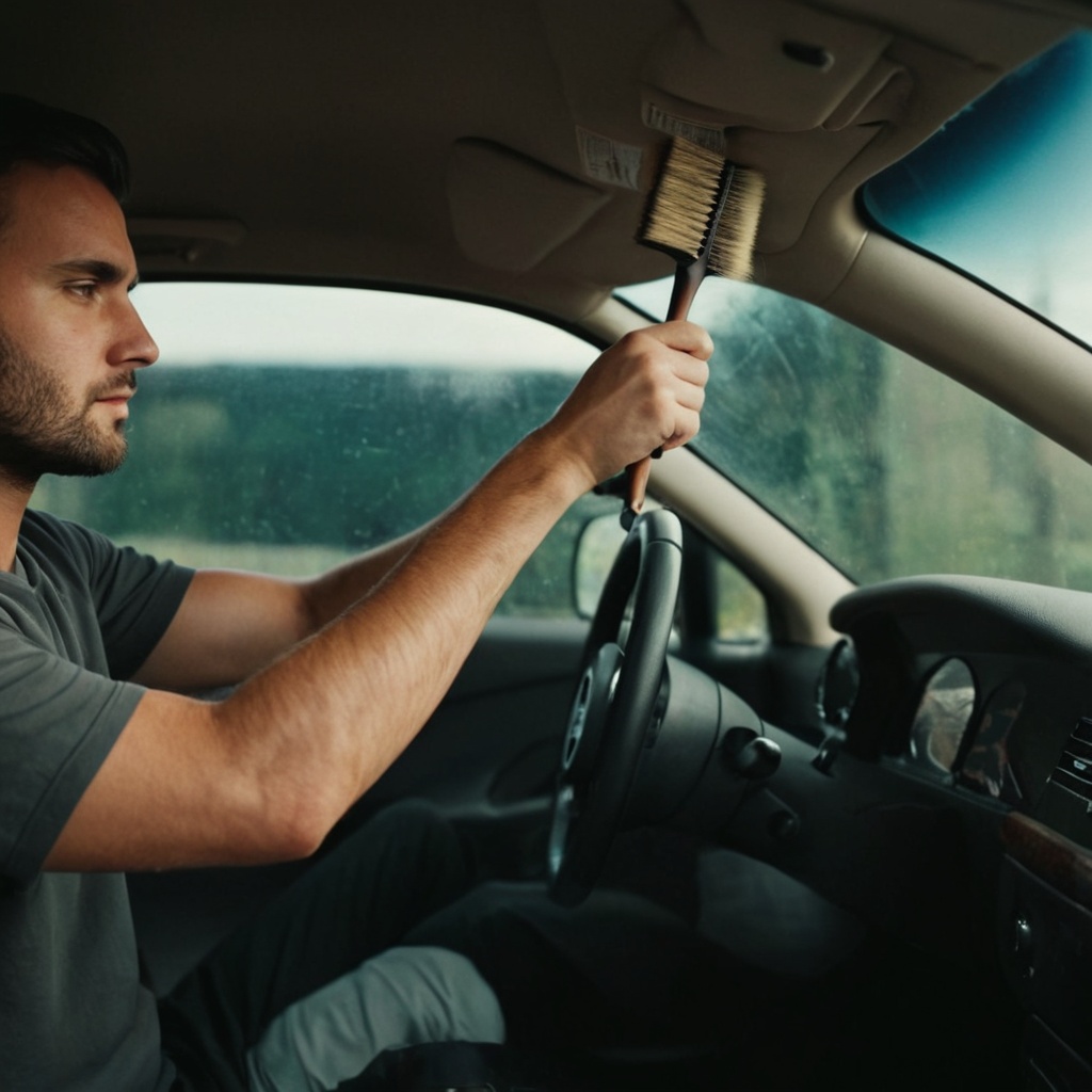 man cleaning car interior with brush