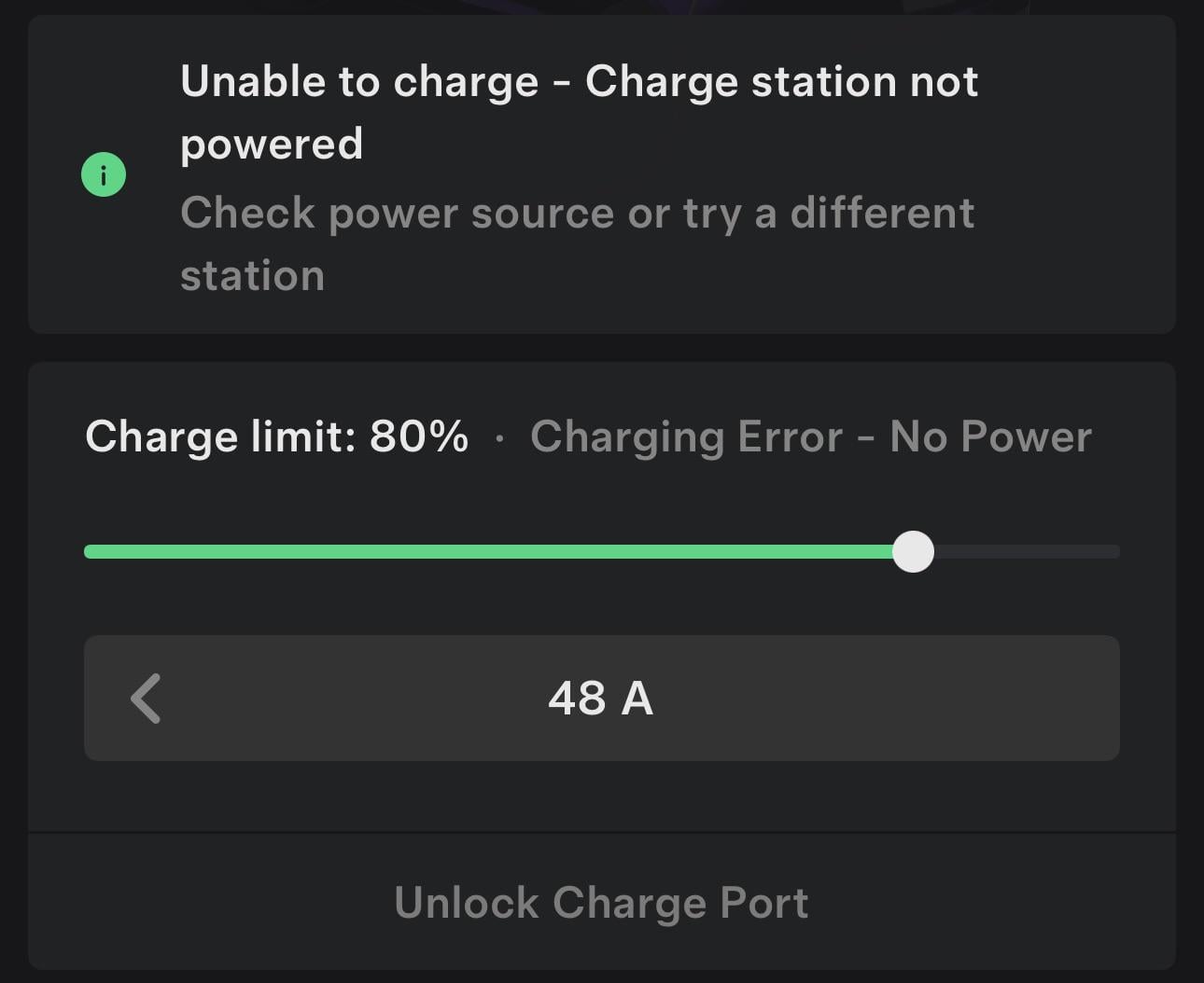 Tesla app Charging Error - No Power screenshot Model Y